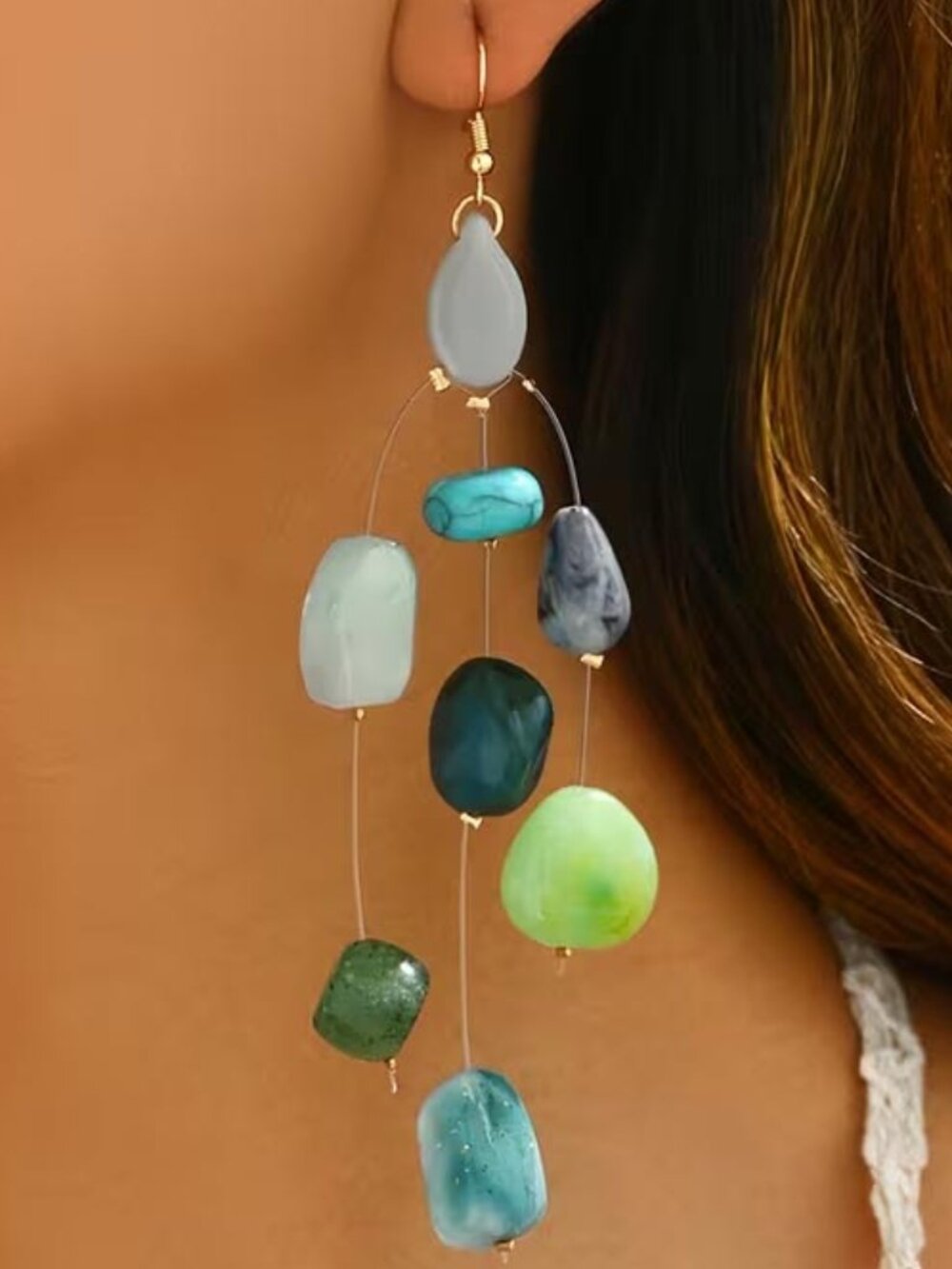 MCM MOBILE ALA CALDER BLUES & GREENS LUCITE "STONES" EARRINGS N